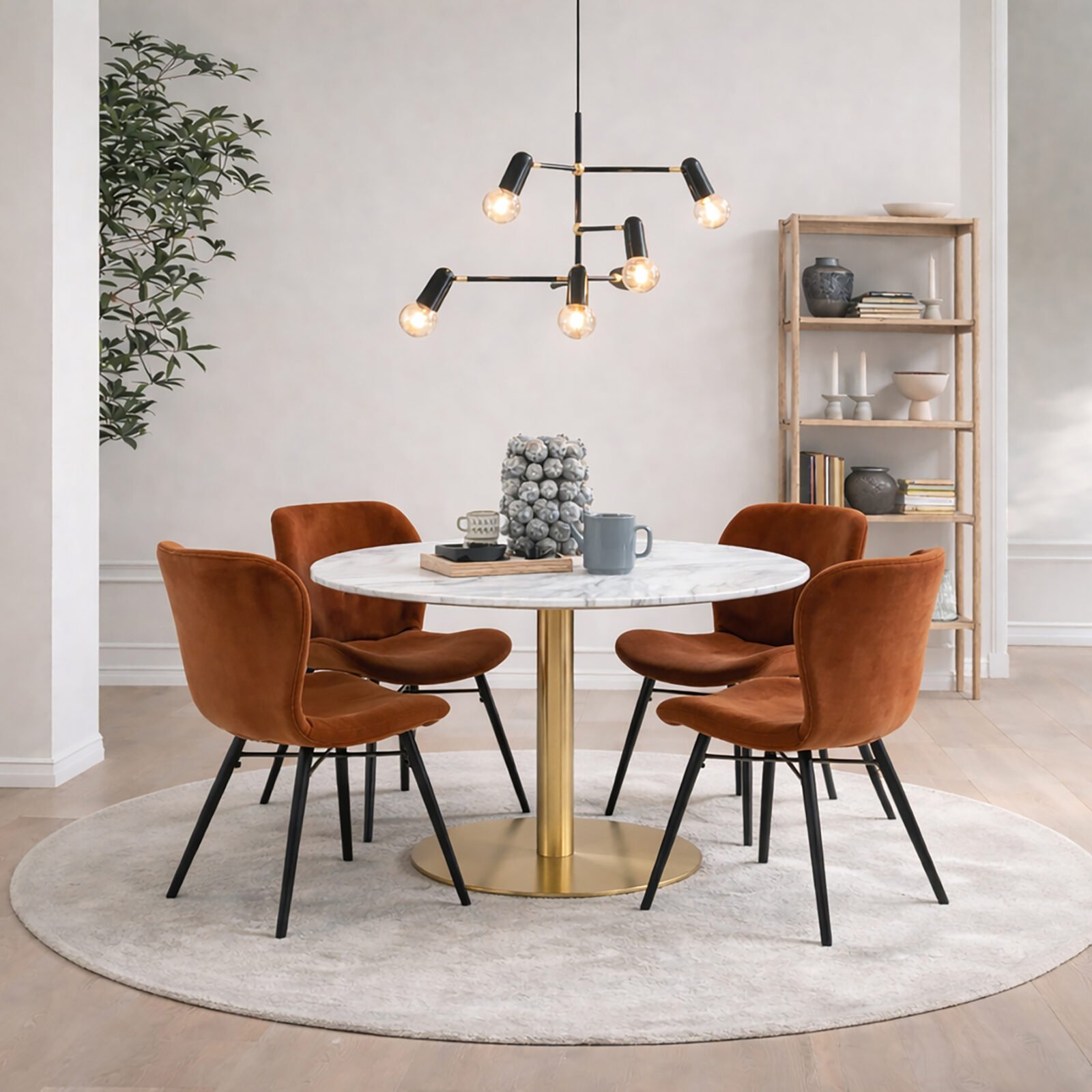 Corby Round Dining Table with White Polished Marble Top & Gold Base inc 4 Batilda Dining Chairs Corby Round Dining Table with White Polished Marble Top & Gold Base inc 4 Batilda Dining Chairs