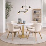 Corby Round Dining Table with White Polished Marble Top & Gold Base inc 4 Batilda Dining Chairs