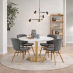 Corby Round Dining Table with White Polished Marble Top & Gold Base inc 4 Batilda Dining Chairs