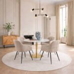 Corby Round Dining Table with White Polished Marble Top & Gold Base inc 4 Brooke Dining Chairs with Armrests