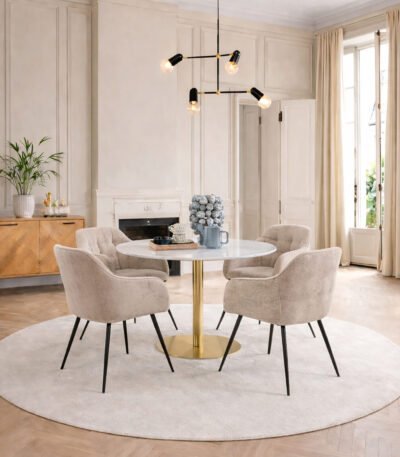 Corby Round Dining Table with White Polished Marble Top & Gold Base inc 4 Brooke Dining Chairs with Armrests
