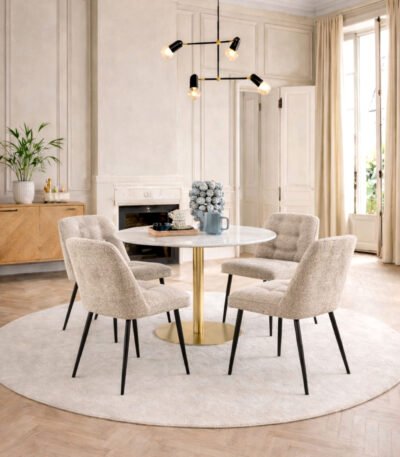 Corby Round Dining Table with White Polished Marble Top & Gold Base inc 4 Brooke Dining Chairs