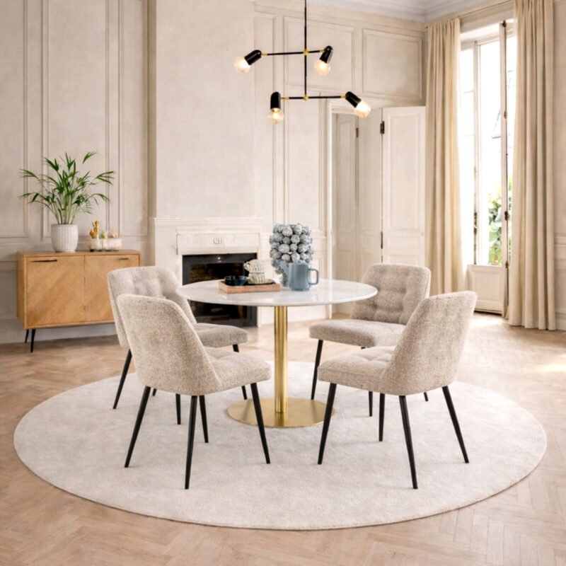 Corby Round Dining Table with White Polished Marble Top & Gold Base inc 4 Brooke Dining Chairs