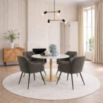 Corby Round Dining Table with White Polished Marble Top & Gold Base inc 4 Brooke Dining Chairs with Armrests