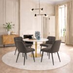 Corby Round Dining Table with White Polished Marble Top & Gold Base inc 4 Brooke Dining Chairs