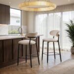 Cyra Set of 2 Bar Stools with Curved Back & Footrest Beige Chenille