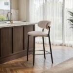 Cyra Set of 2 Bar Stools with Curved Back & Footrest Beige Chenille - Image 2