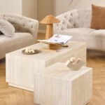 Dice Square and Rectangular Coffee Table Set of 2 in Travertine Rough Paper Effect