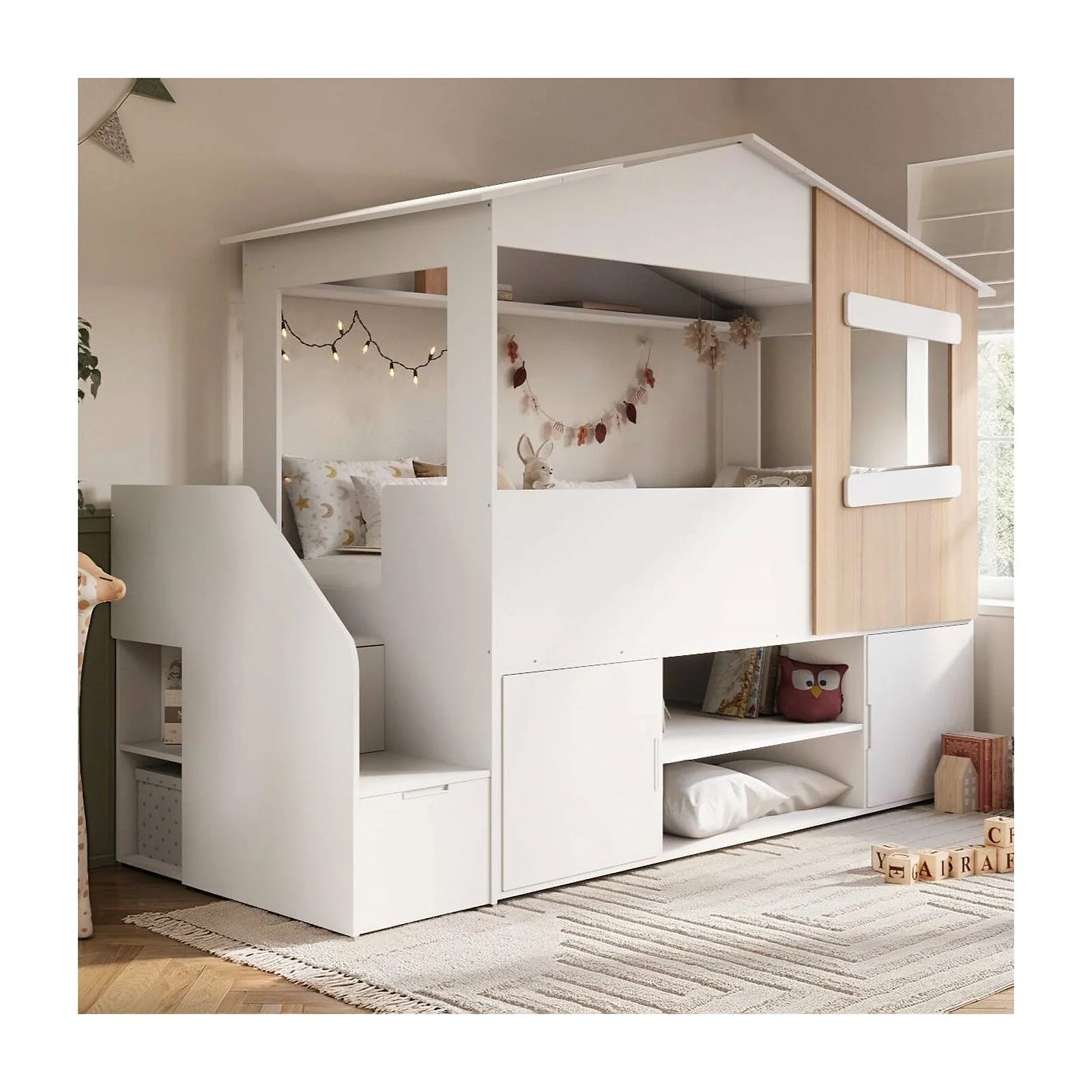 Dreamland House Staircase Midsleeper with Storage White and Oak Dreamland House Staircase Midsleeper with Storage White and Oak