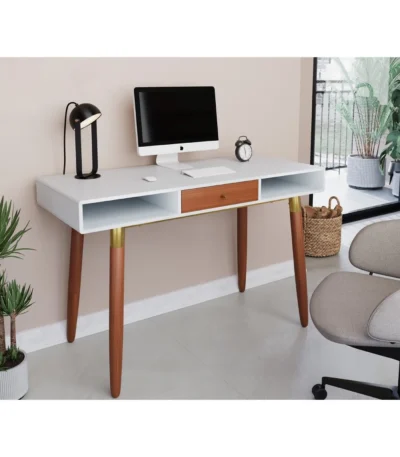 Edelweiss Desk Walnut and White with Brass Accents