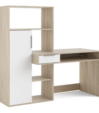 Function Plus Desk Multi Functional Desk with Drawer and 1 Door in White and Oak
