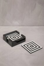 Handa Set of 4 Black and White Stripe Coasters with Holder