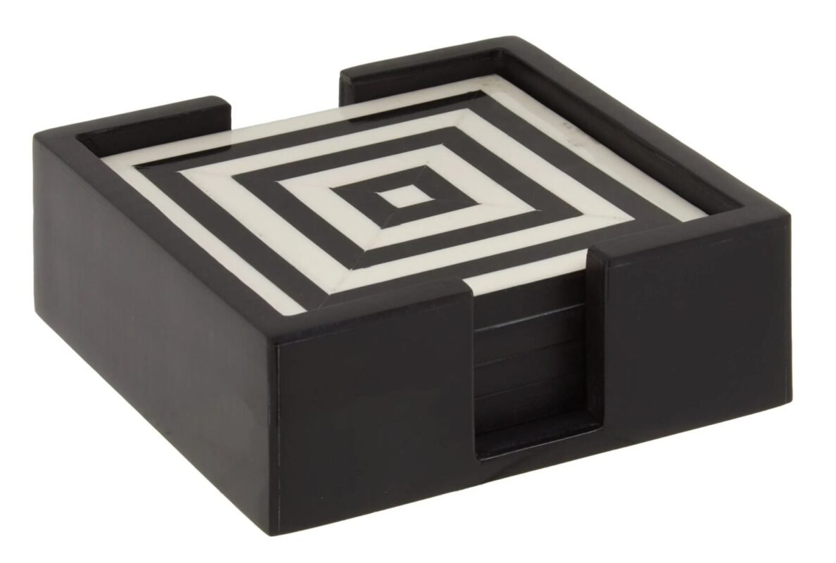 Handa Set of 4 Black and White Stripe Coasters with Holder