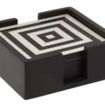 Handa Set of 4 Black and White Stripe Coasters with Holder