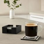 Handa Set of 4 Black and White Stripe Coasters with Holder