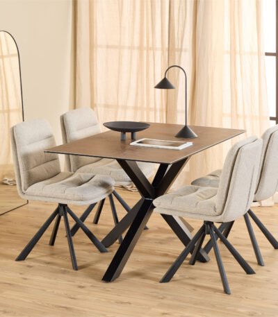 Heaven Dining Table with Ceramic Rusty Brown Top 135x80cm includes 4 Dean Beige Swivel Dining Chairs