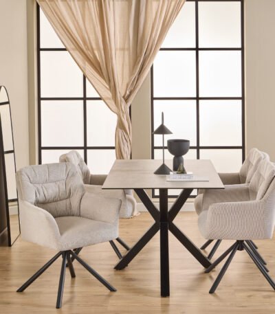 Heaven Dining Table with Ceramic White Top 135x80cm includes 4 Alonso Swivel Cream Dining Chairs with Armrest