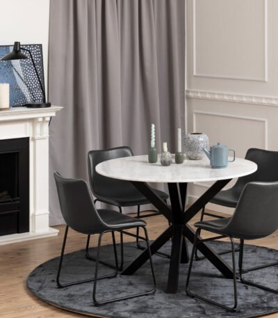 Heaven Round Dining Table with White Polished Marble Top 110cm includes 4 I_Oregon Dining Chairs In Black with Cream Stitching