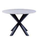 Heaven Round Dining Table with White Polished Marble Top 110cm includes 4 I_Oregon Dining Chairs In Black with Cream Stitching