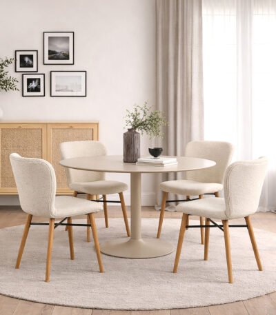 Ibiza Round Beige Dining Table with 4 Batilda Dining Chairs Cream/Oak