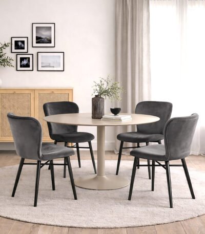 Ibiza Round Beige Dining Table with 4 Batilda Dining Chairs in Dark Grey