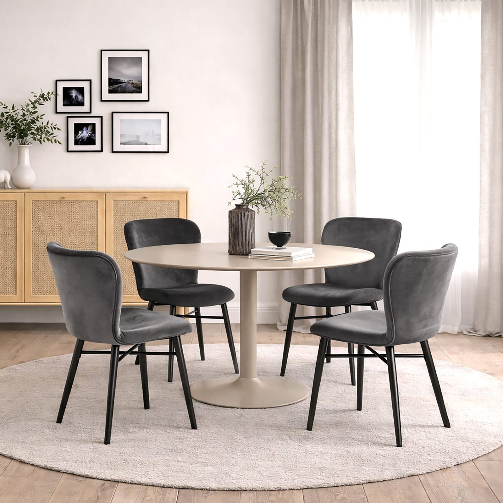 Ibiza Round Beige Dining Table with 4 Batilda Dining Chairs in Dark Grey Ibiza Round Beige Dining Table with 4 Batilda Dining Chairs in Dark Grey