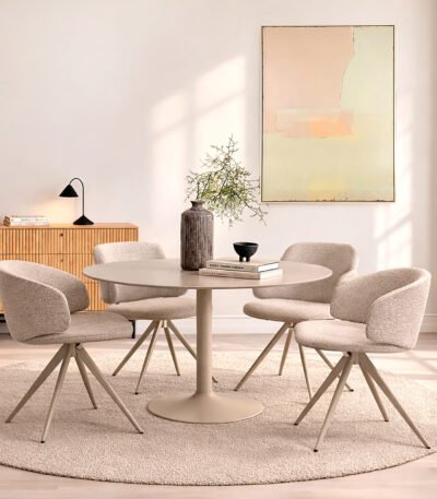 Ibiza Round Beige Dining Table with 4 Ella Swivel Cream Dining Chair