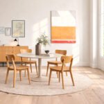 Ibiza Round Beige Dining Table with 4 Roxby Dining Chairs in Oak