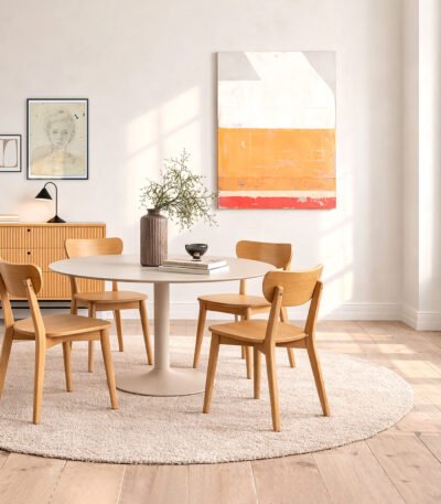Ibiza Round Beige Dining Table with 4 Roxby Dining Chairs in Oak