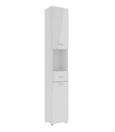 Ice Cave Narrow Bathroom Storage Cabinet with 2 Doors & 1 Drawer with Silver Handles in White with White High Gloss Fronts