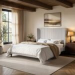 Jovanna Striped Bed with Winged Headboard Woven Fabric Brown