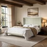 Jovanna Striped Bed with Winged Headboard Woven Fabric Green