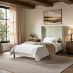 Jovanna Striped Bed with Winged Headboard Woven Fabric Green - Image 3