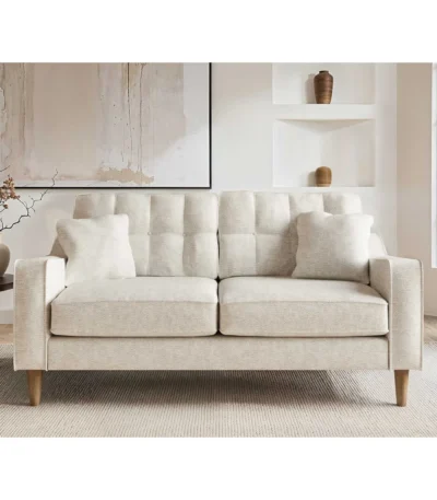 Jude 2 Seater Midcentury Beige Fabric Sofa