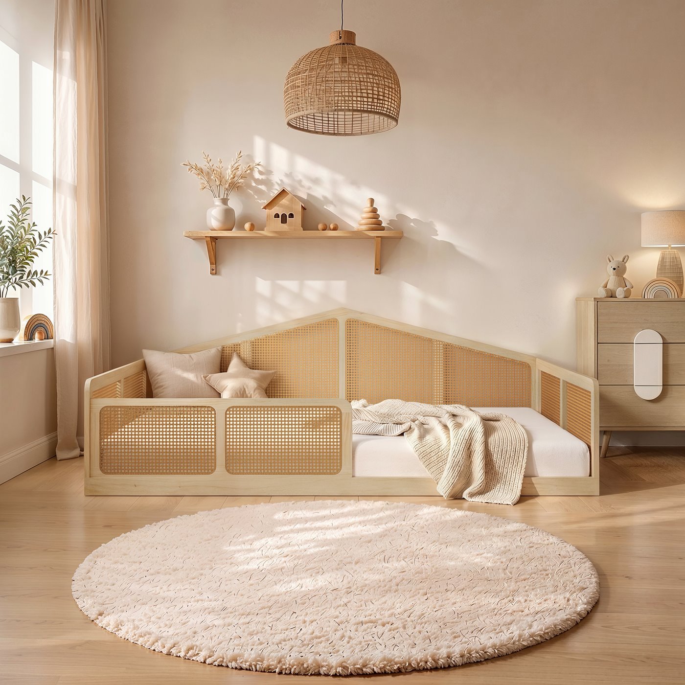 julian-small-double-montessori-bed-with-rattan-panels-1 Julian Small Double Montessori Bed with Rattan Panels - Image 1