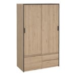 Line Wardrobe with 2 Sliding Doors 1 Small Door and 2 Drawers in Jackson Hickory Oak