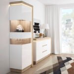 Lyon Tall Narrow Display Cabinet (LHD) in Riviera Oak/White High Gloss
