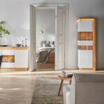 Lyon Tall Narrow Display Cabinet (LHD) in Riviera Oak/White High Gloss