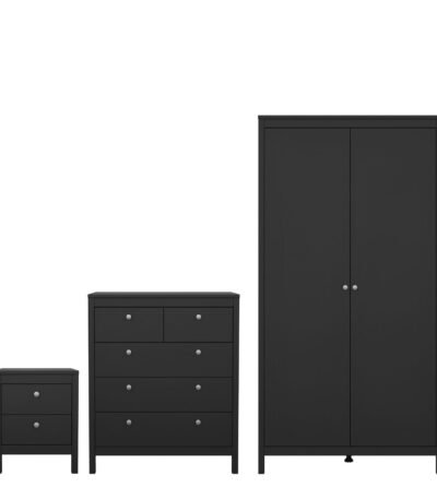 Madrid Package - Bedside Table 2 Drawers + Chest 3+2 Drawers + Wardrobe with 2 Doors in Matt Black