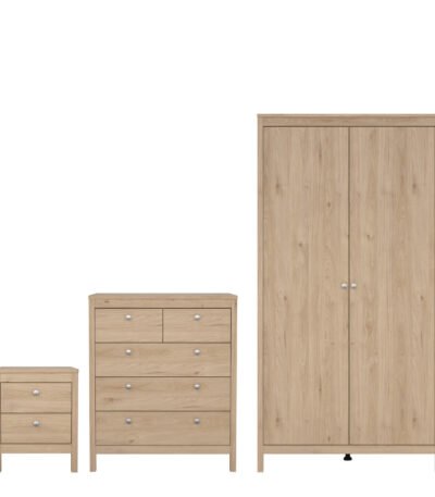 Madrid Package - Bedside Table 2 Drawers + Chest 5 Drawers + 2 Door Wardrobe in Jackson Hickory Oak