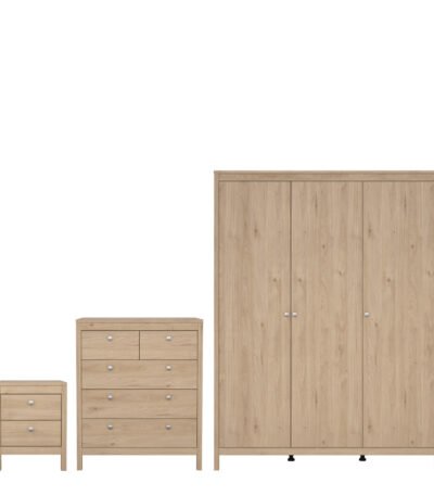 Madrid Package - Bedside Table 2 Drawers + Chest 5 Drawers + 3 Door Wardrobe in Jackson Hickory Oak