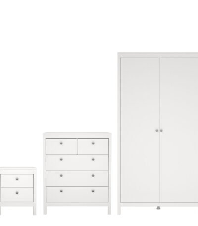 Madrid Package - Bedside Table 2 Drawers + Chest 5 Drawers + Wardrobe with 2 Doors in White