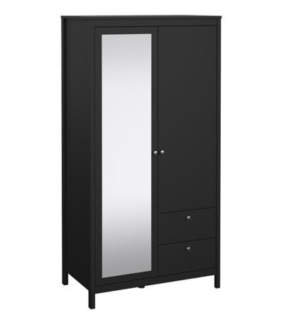 Madrid Wardrobe with 1 Door 1 Mirror Door 2 Drawers Matt Black