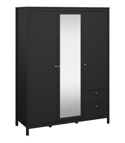 Madrid Wardrobe with 2 Doors 1 Mirror Door 2 Drawers Matt Black