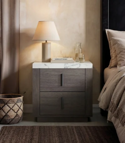 Marcel Walnut Bedside Table with Marble Effect Top