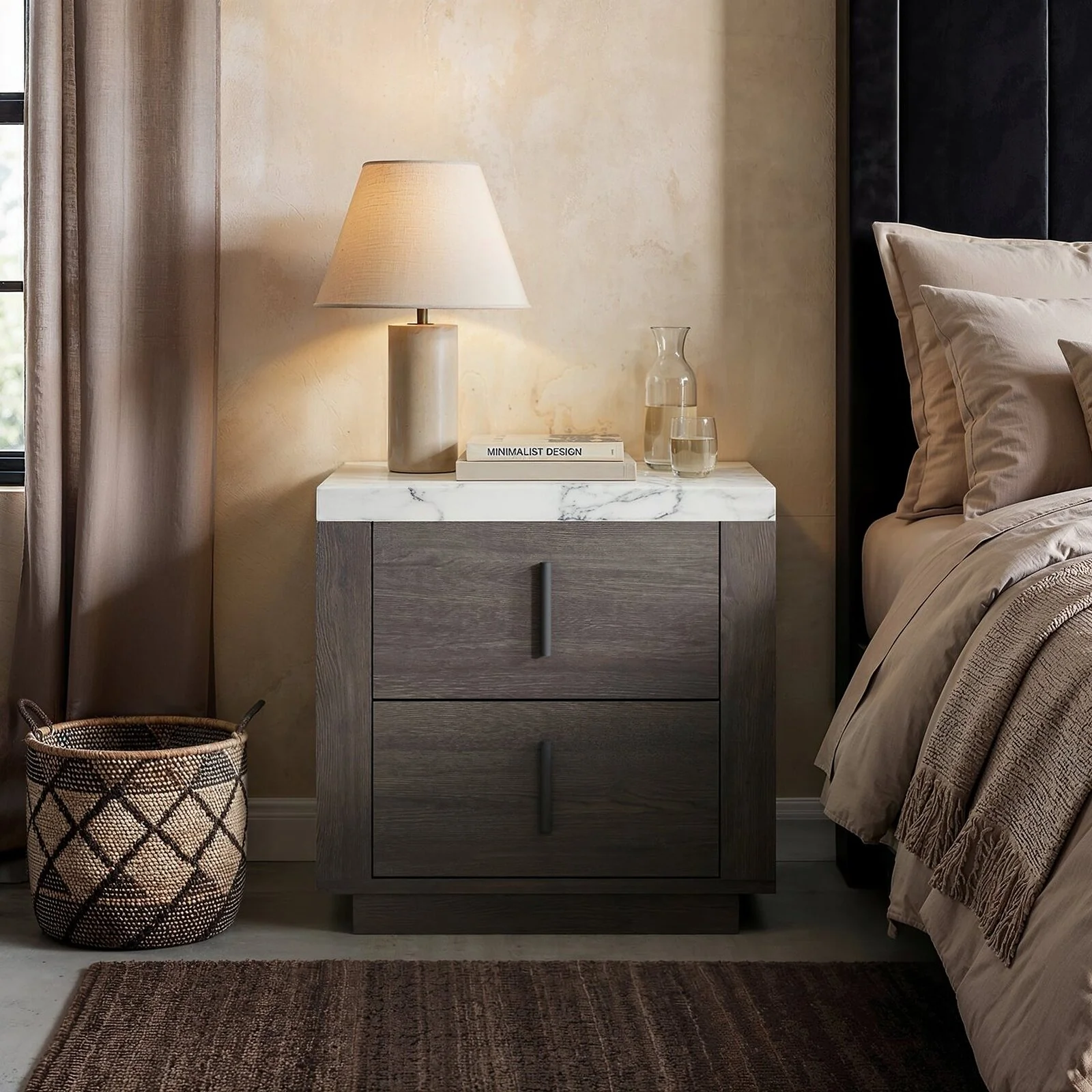 Marcel Walnut Bedside Table with Marble Effect Top Marcel Walnut Bedside Table with Marble Effect Top