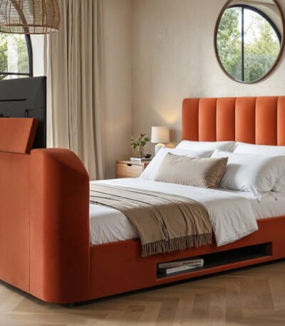 Megane Side Lift TV Ottoman Bed Burnt Orange Velvet