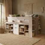 Micah Mid Sleeper Bed with Pull-Out Desk & Storage Oak & White