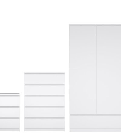 Naia Package - Bedside 3 Drawers + Chest of 5 Drawers + Wardrobe with 2 Doors + 1 Drawer in White High Gloss
