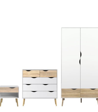 Oslo Package - Bedside 1 Drawer + Chest of 5 Drawers (2+3) + Wardrobe 2 Doors 2 Drawers in White and Oak